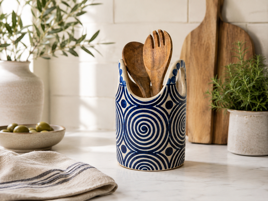 Hand Painted Blue Ceramic Utensil Holder | Spoon Crock