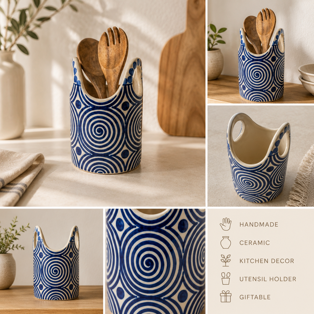 Hand Painted Blue Ceramic Utensil Holder | Spoon Crock
