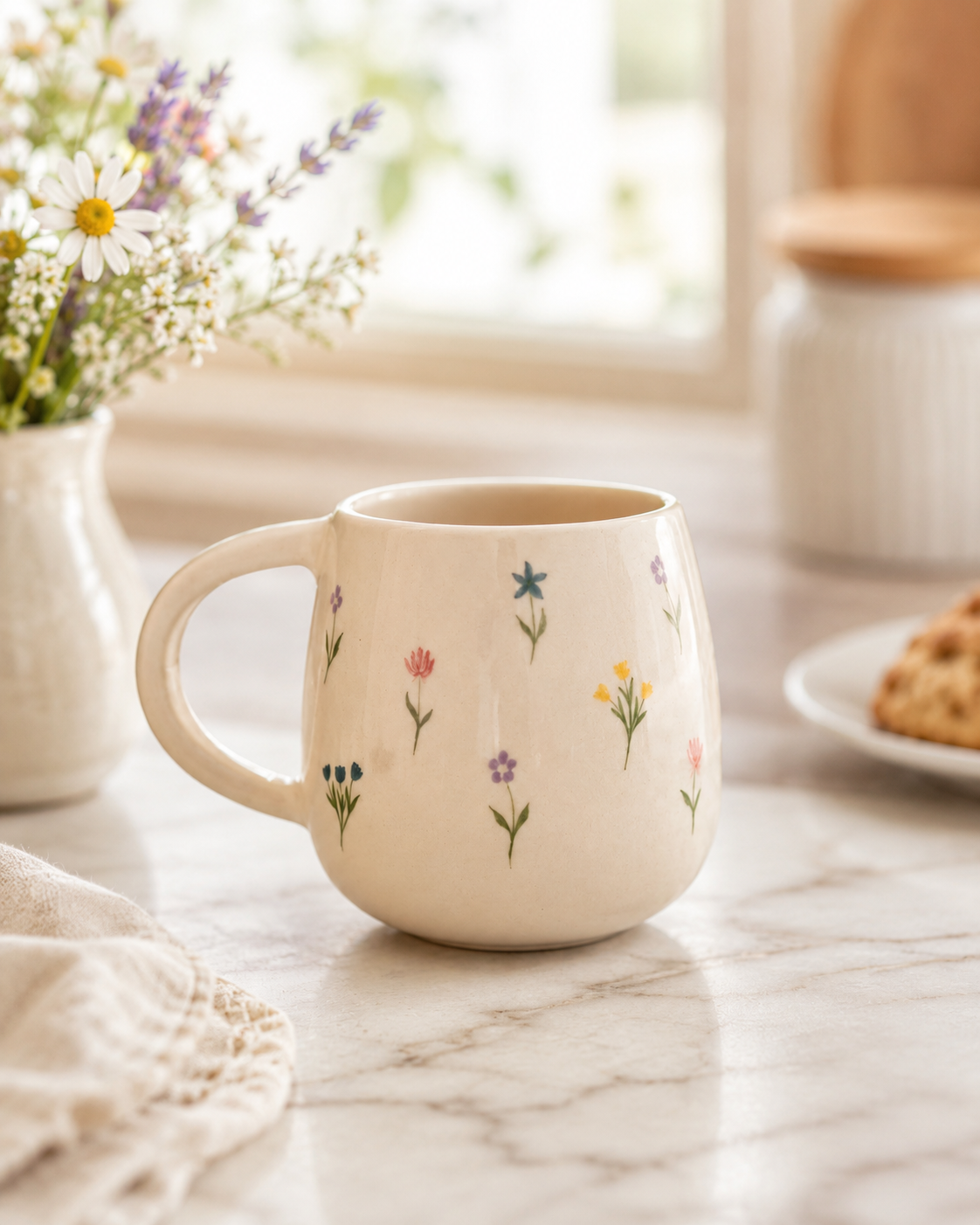 An off-white ceramic mug decorated with small colorful wildflower illustrations, set on a marble countertop in a bright kitchen scene with flowers and a plate of food in the background.