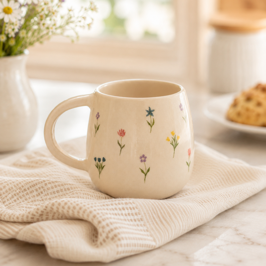 A cream-colored ceramic mug decorated with small colorful wildflower illustrations, resting on a textured cream waffle-knit cloth on a marble table.