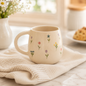 A cream-colored ceramic mug decorated with small colorful wildflower illustrations, resting on a textured cream waffle-knit cloth on a marble table.
