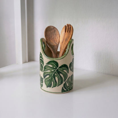 Hand Painted Ceramic Utensil Holder | Monstera Spoon Crock