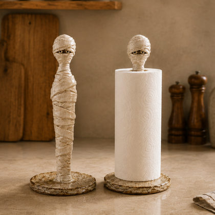 Mummy Ceramic Paper Towel Holder – Handmade Speckled Stoneware, Halloween Kitchen Decor