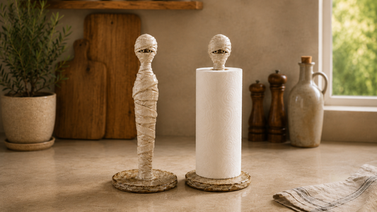 Handmade ceramic mummy paper towel holder shown bare and holding a paper roll on a kitchen countertop