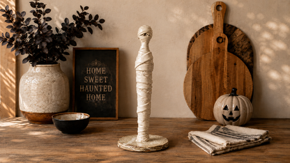 Ceramic mummy sculpture paper towel holder without roll, styled with Halloween farmhouse decor