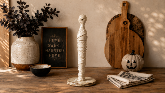 Ceramic mummy sculpture paper towel holder without roll, styled with Halloween farmhouse decor