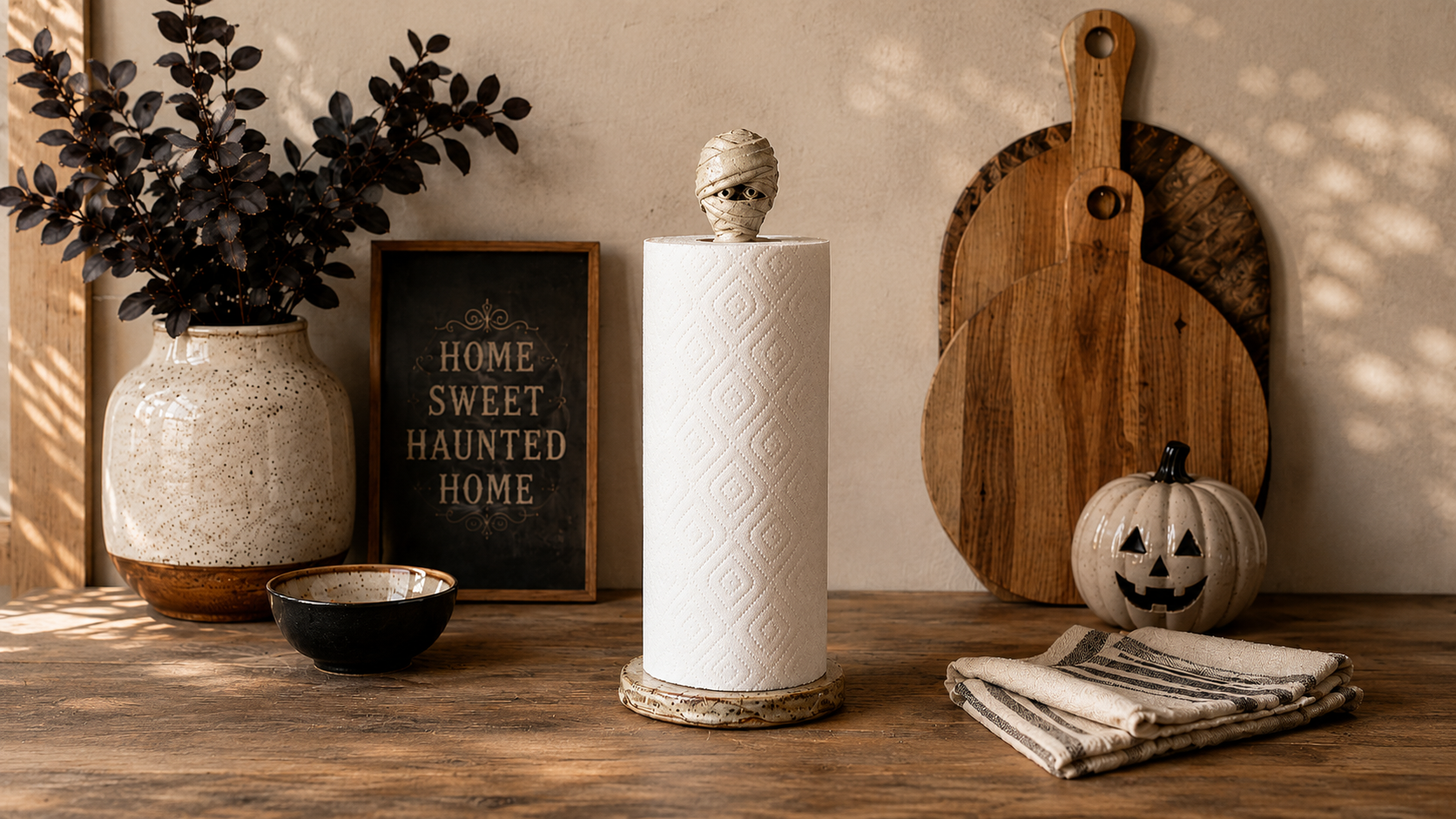 Mummy paper towel holder with roll in place, wrapped head peeking above, Halloween kitchen scene