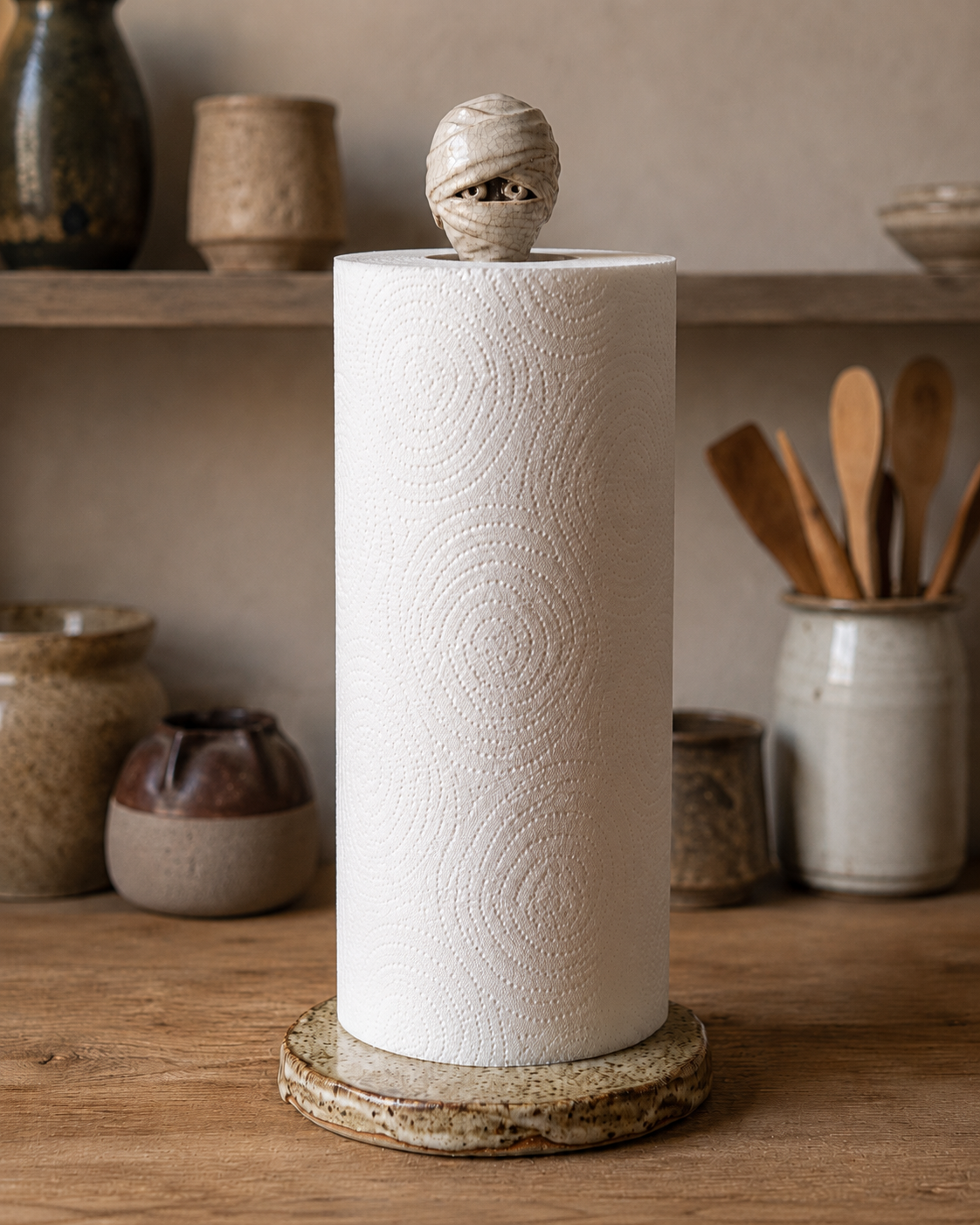Front view of handmade speckled stoneware mummy paper towel holder with textured paper roll