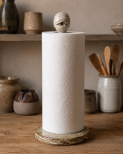 Front view of handmade speckled stoneware mummy paper towel holder with textured paper roll