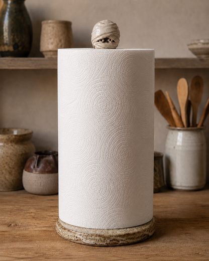 Close-up of ceramic mummy head with peeking eyes above a paper towel roll