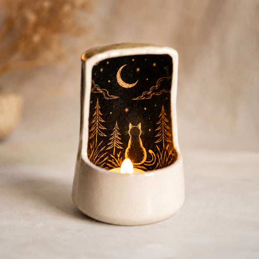 Cat Moon Ceramic Tea Light Holder | Handmade Candle Decor