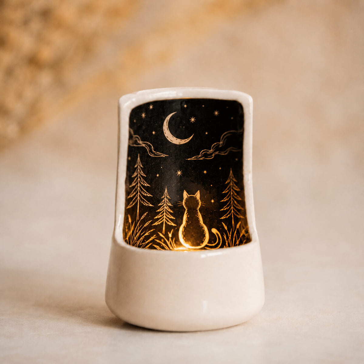 Cat Moon Ceramic Tea Light Holder | Handmade Candle Decor
