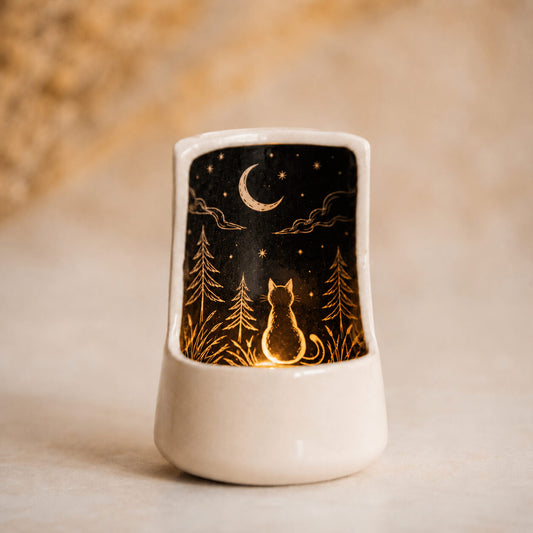 Cat Moon Ceramic Tea Light Holder | Handmade Candle Decor