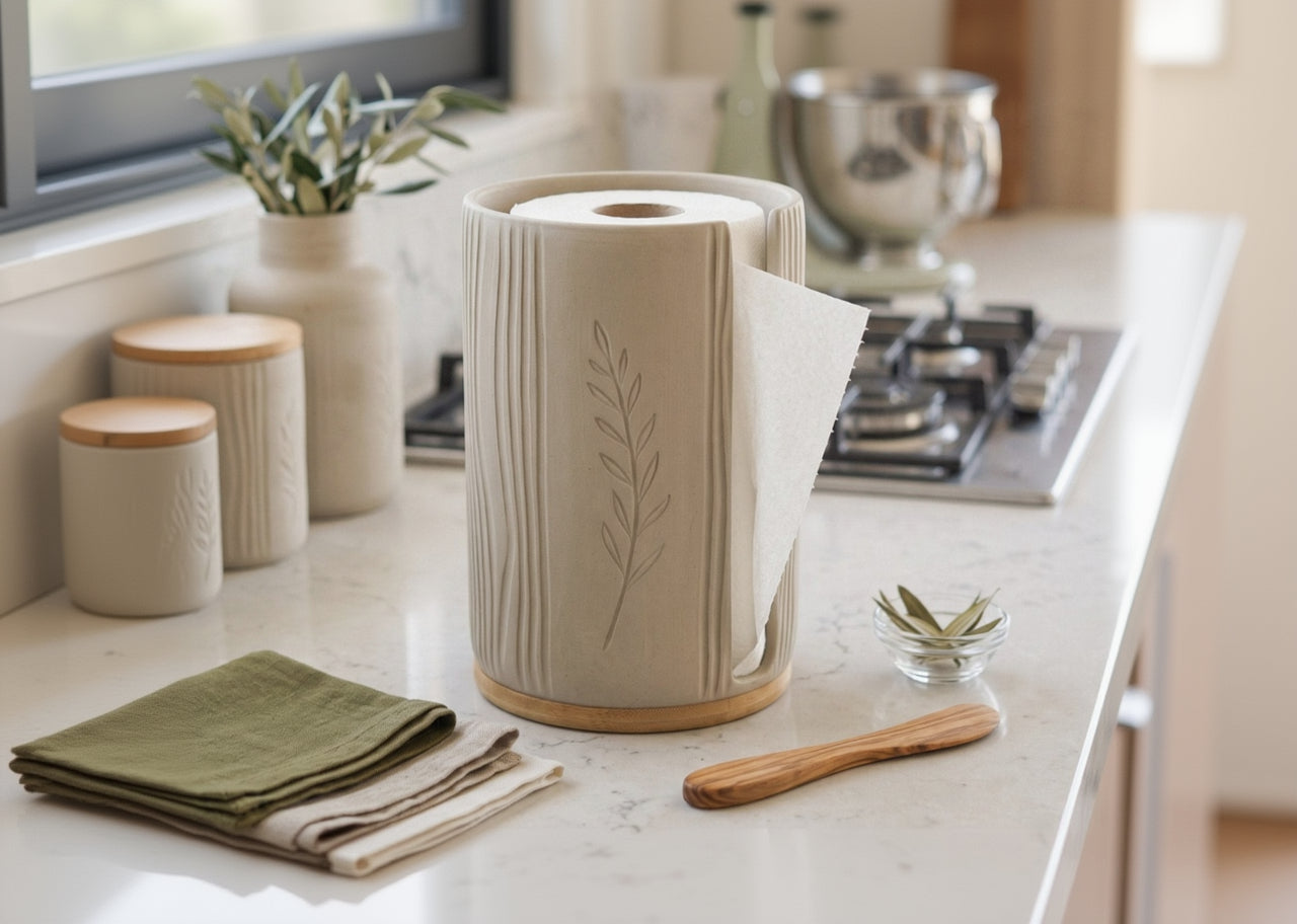 Olive Decorated Ceramic Paper Towel Holder | Wood Base