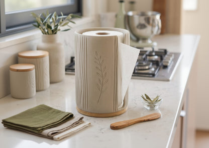 Olive Decorated Ceramic Paper Towel Holder | Wood Base