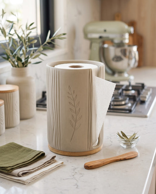 Olive Decorated Ceramic Paper Towel Holder | Wood Base