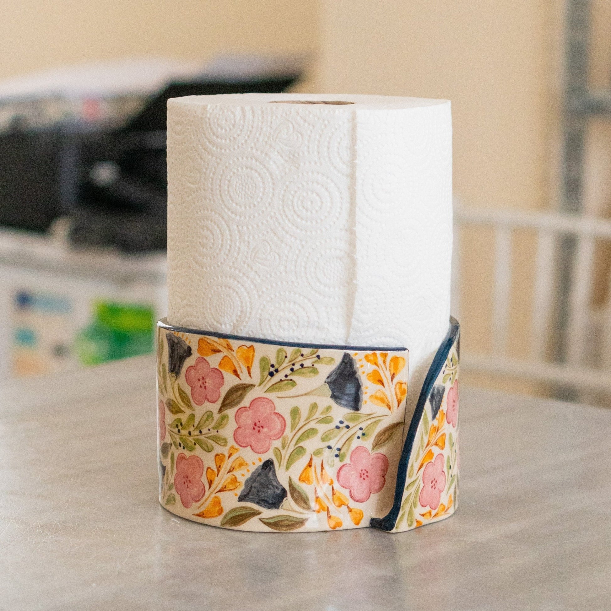 Paper Towel Holder - Floral Kitchen Decor, Handmade Ceramic Paper Roll Holder
