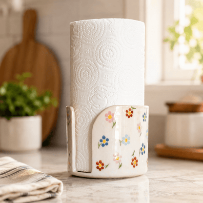 Paper Towel Holder, Handmade Towel Rack, Floral Ceramic Bathroom Decor