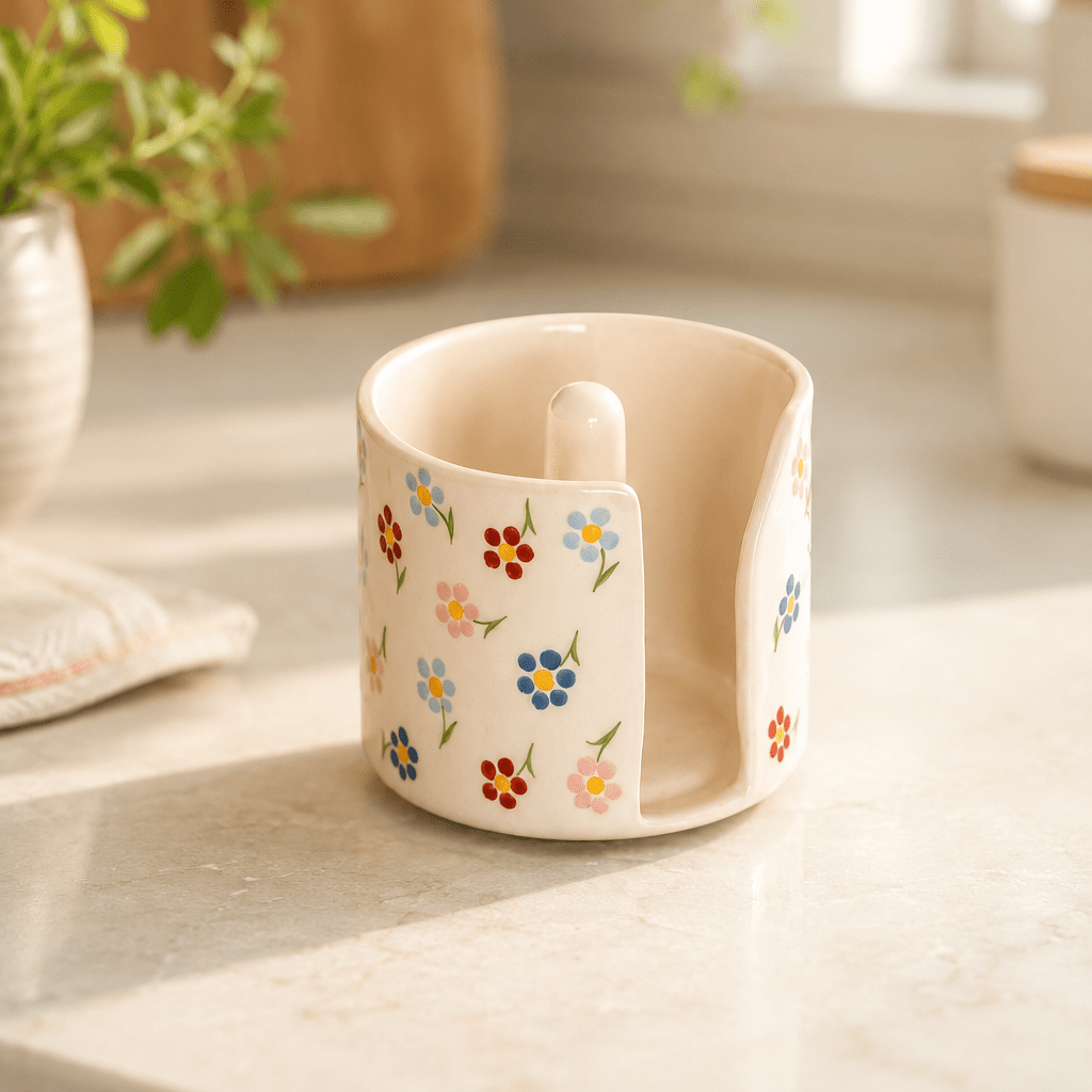 Paper Towel Holder, Handmade Towel Rack, Floral Ceramic Bathroom Decor