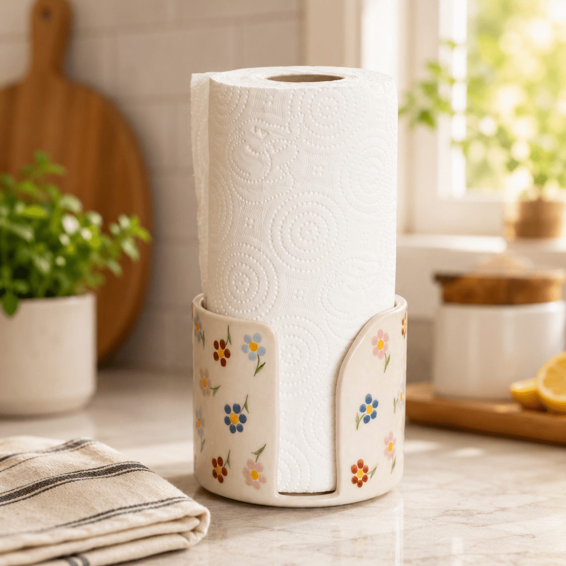 Paper Towel Holder, Handmade Towel Rack, Floral Ceramic Bathroom Decor