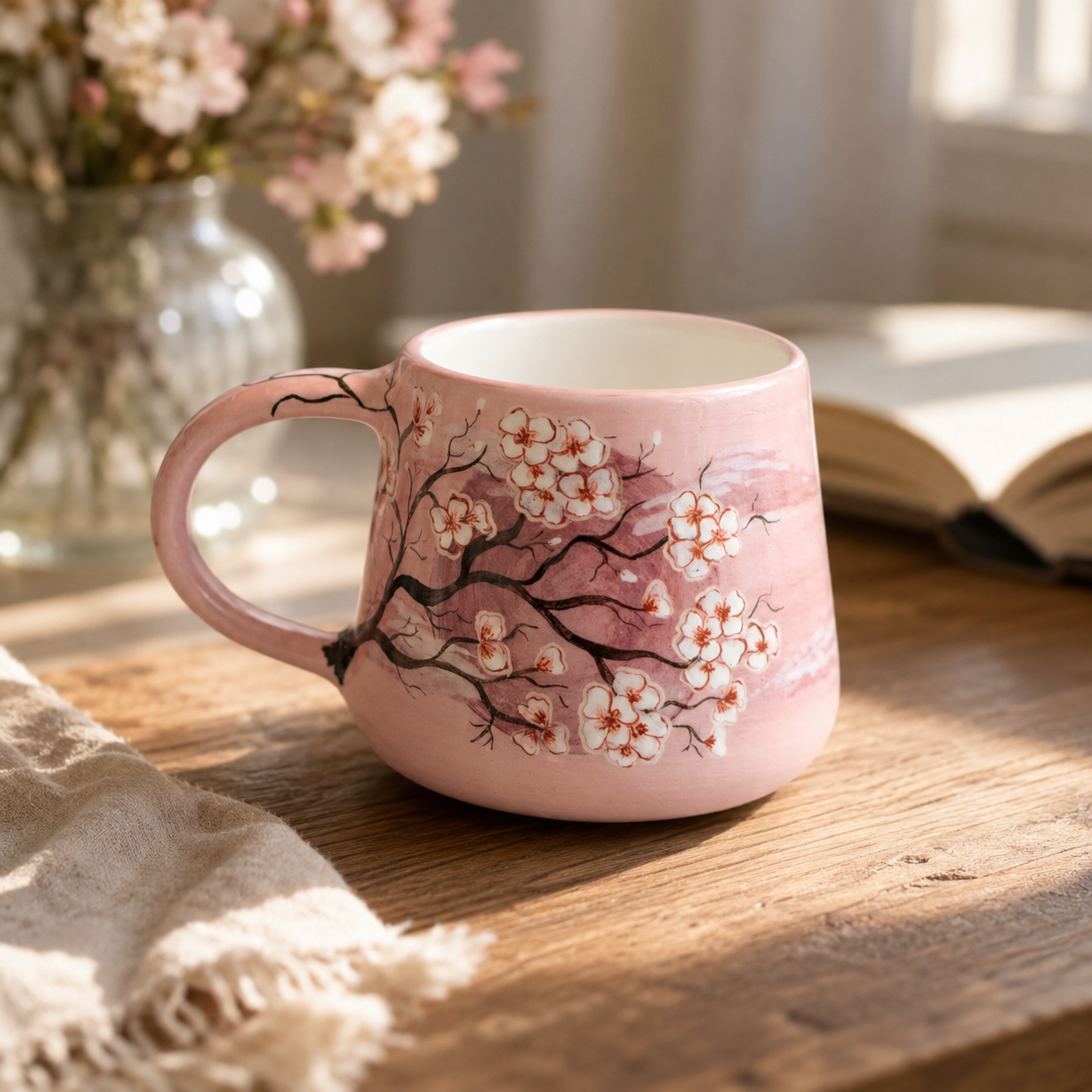 A pink ceramic mug decorated with a hand-painted cherry blossom branch pattern, resting on a wooden table in a softly lit room with an open book and flowers in the background.