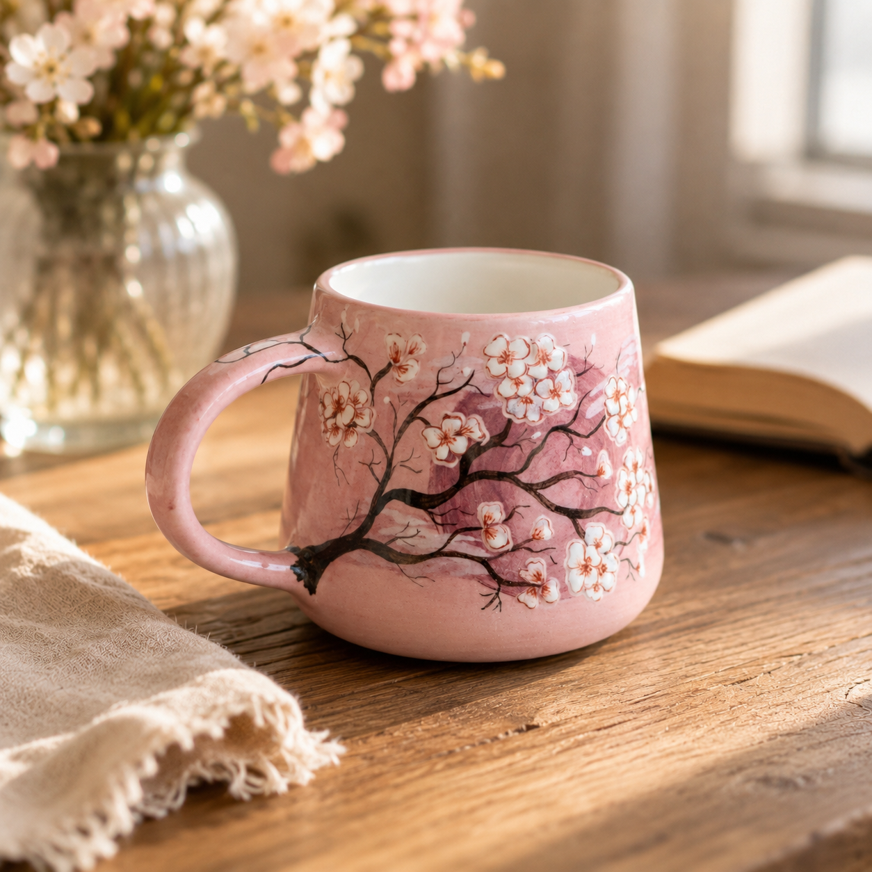 A pink ceramic mug decorated with a cherry blossom tree design, sitting on a rustic wooden table next to a book and a vase of flowers.