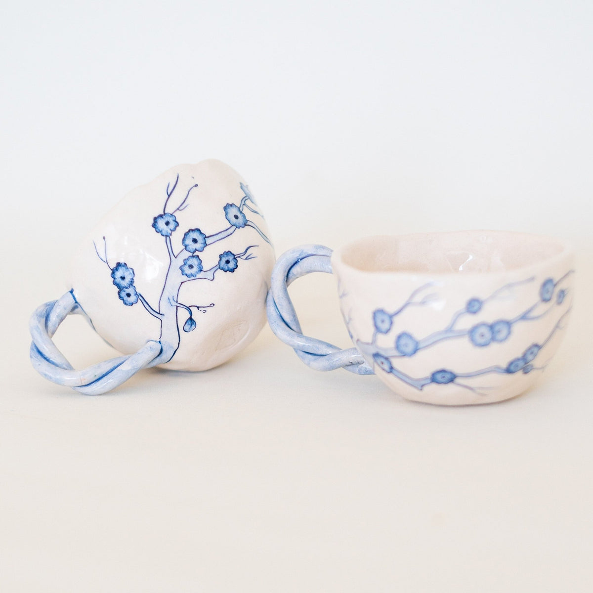 Pottery Mug, Blue Ceramic Coffee and Tea Cup, Floral Mug