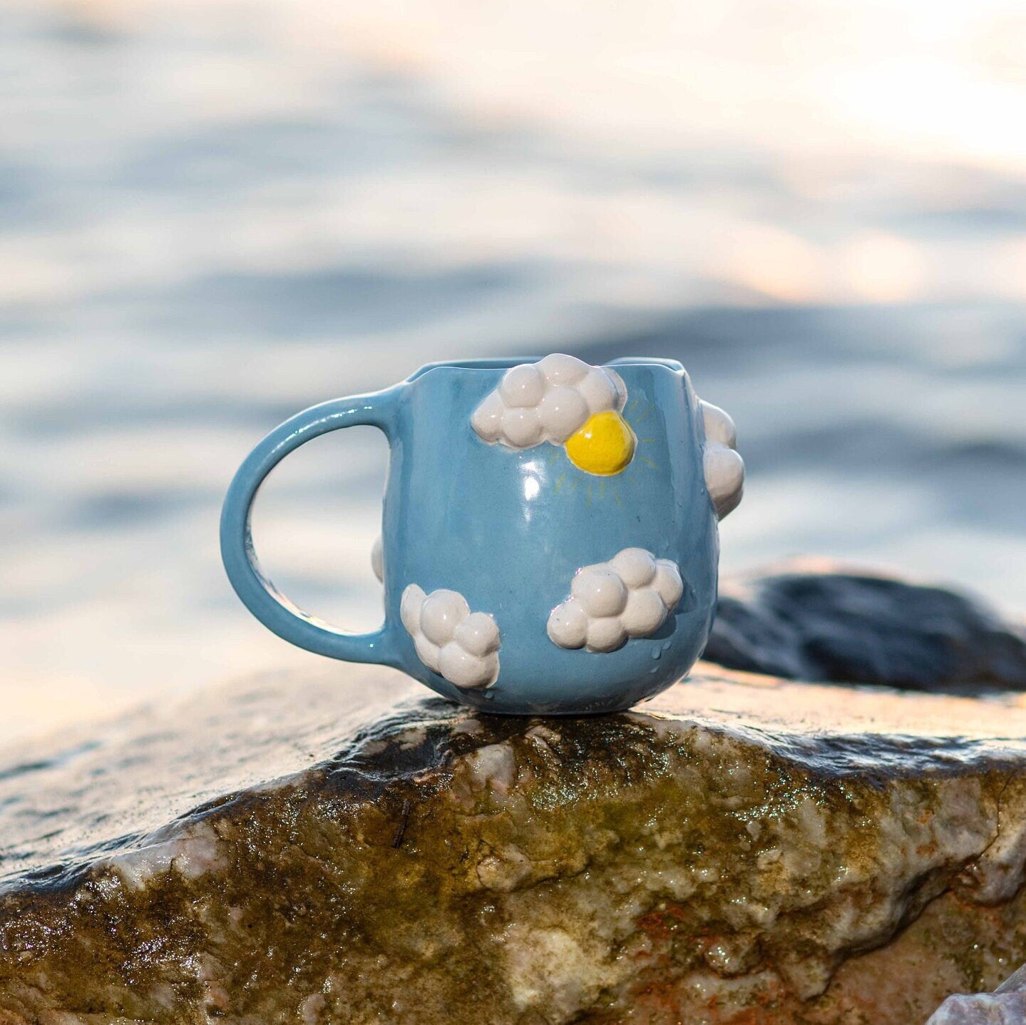 Pottery Mug Blue Sky and Sun, Handmade Pottery Coffee Mug