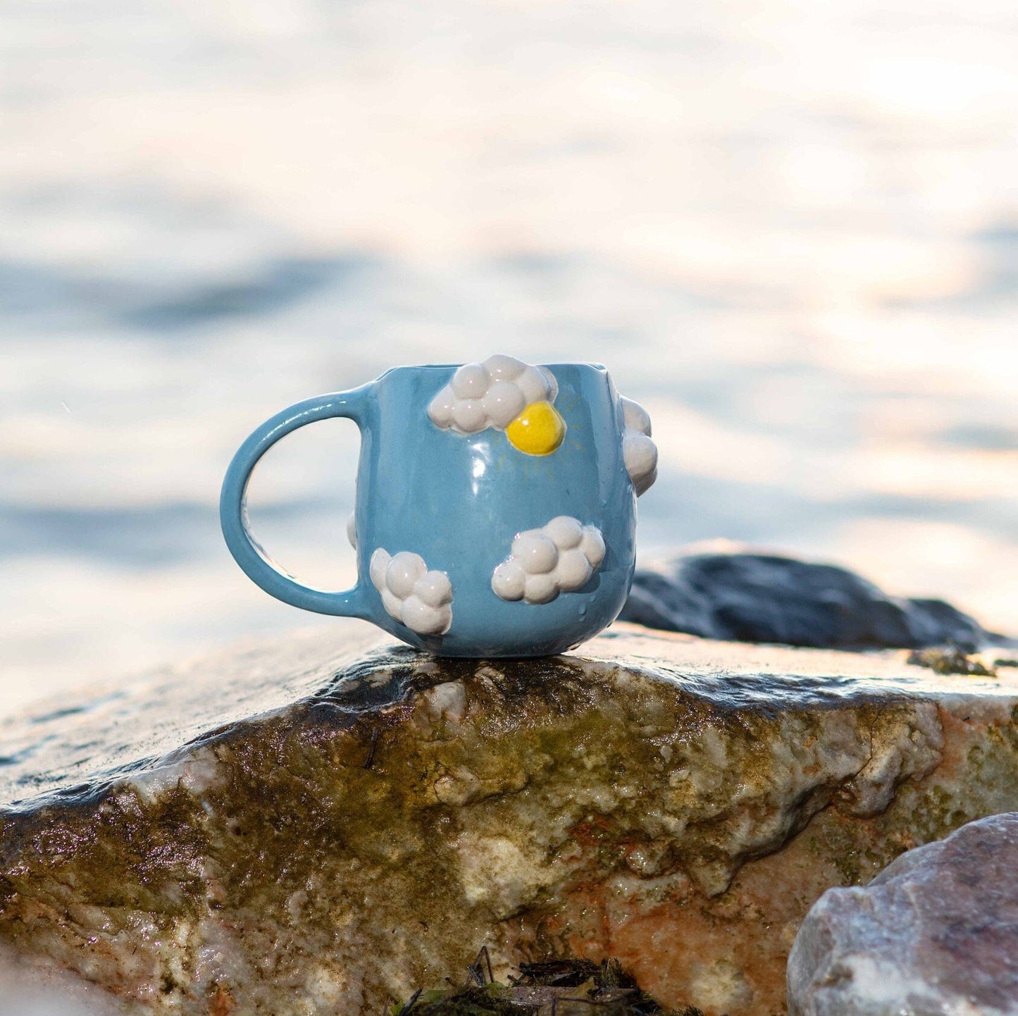 Pottery Mug Blue Sky and Sun, Handmade Pottery Coffee Mug