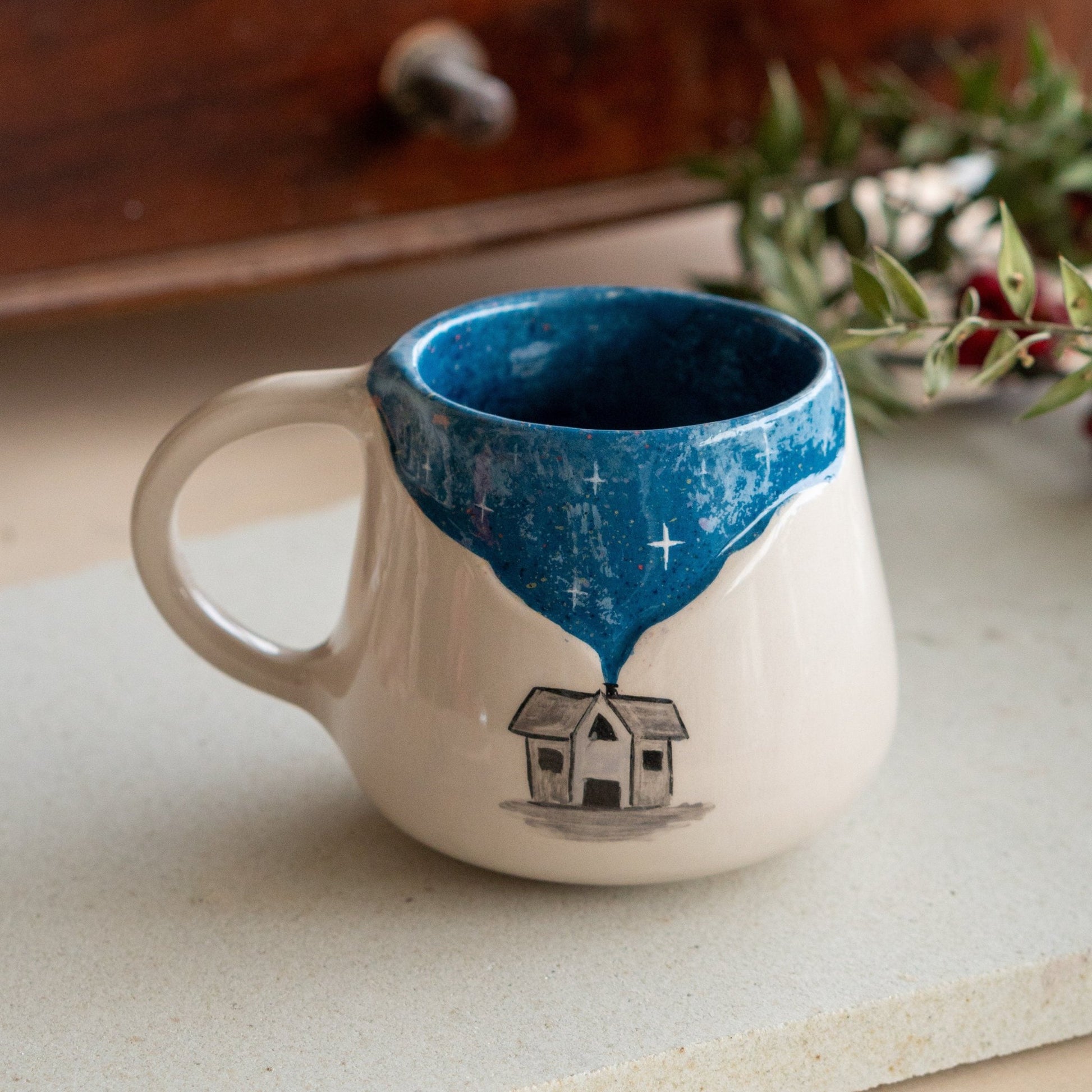 Pottery Mug Village and Sky - Ceramic Coffee Mug, Handmade Pottery Unique Gift