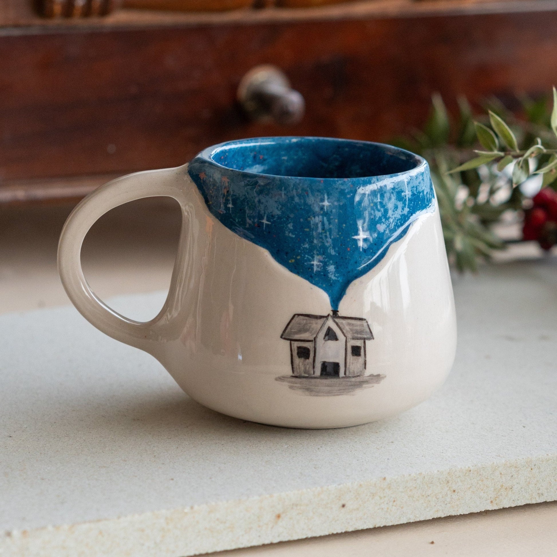 Pottery Mug Village and Sky - Ceramic Coffee Mug, Handmade Pottery Unique Gift