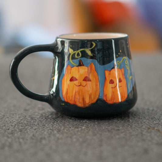 Pumpkin Cat Mug - Handmade Ceramic Halloween Mug, Cute Pumpkin Face Coffee Cup, Fall Autumn Decor, Spooky Season Drinkware