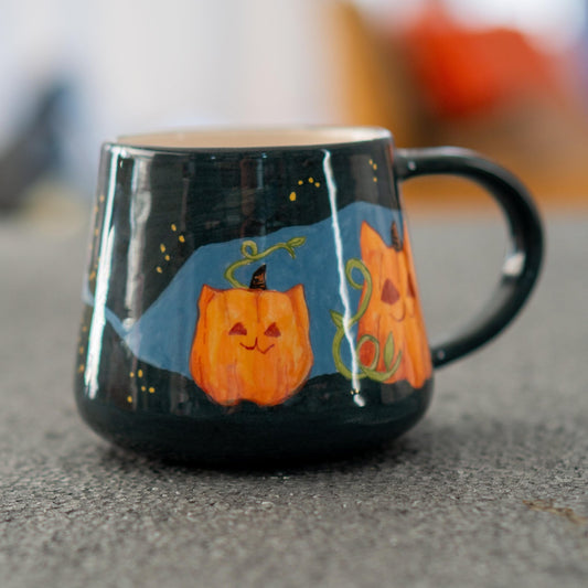 Pumpkin Cat Mug - Handmade Ceramic Halloween Mug, Cute Pumpkin Face Coffee Cup, Fall Autumn Decor, Spooky Season Drinkware
