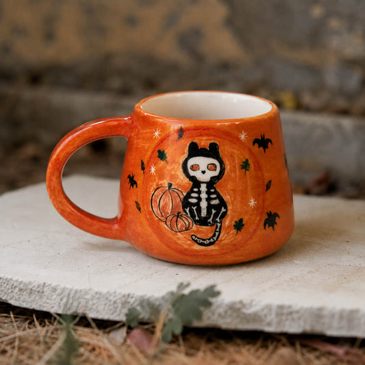 Skeleton Cat Ceramic Mug | Handmade Halloween Coffee Cup