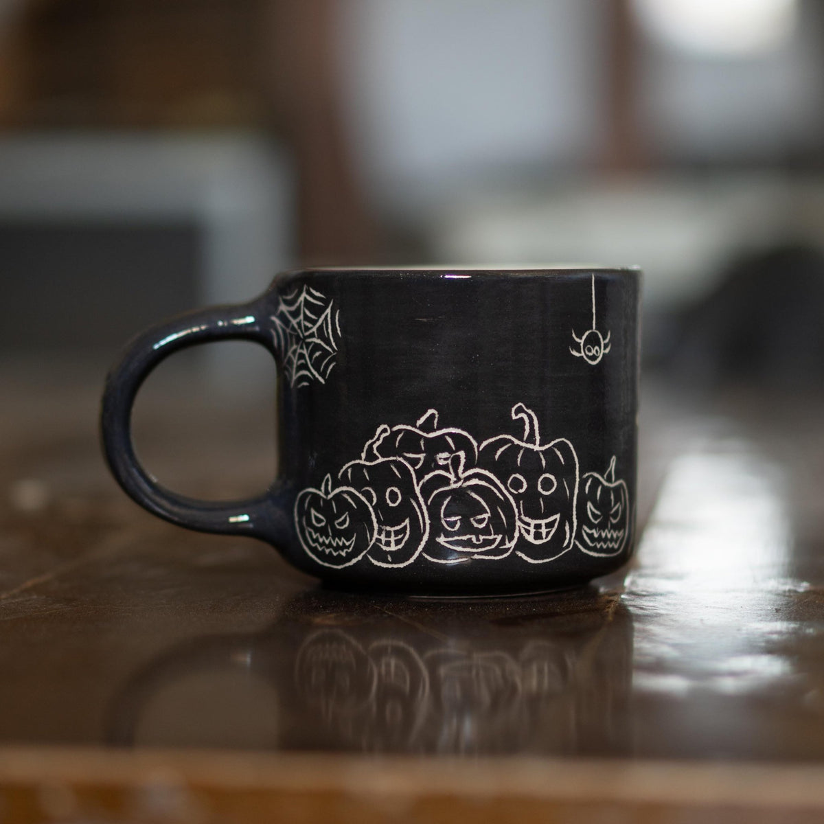 Spooky Halloween Ceramic Mug - Pumpkin Mug Witch Cat and Spider Mug, Black Artisan Coffee Cup