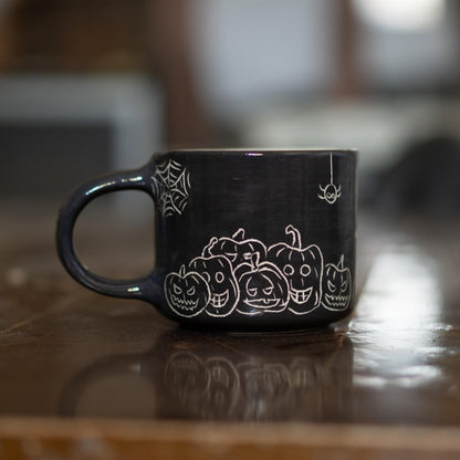 Spooky Halloween Ceramic Mug - Pumpkin Mug Witch Cat and Spider Mug, Black Artisan Coffee Cup