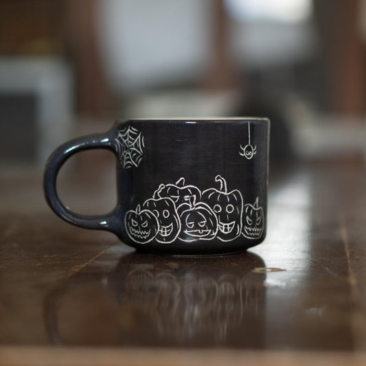 Spooky Halloween Ceramic Mug - Pumpkin Mug Witch Cat and Spider Mug, Black Artisan Coffee Cup