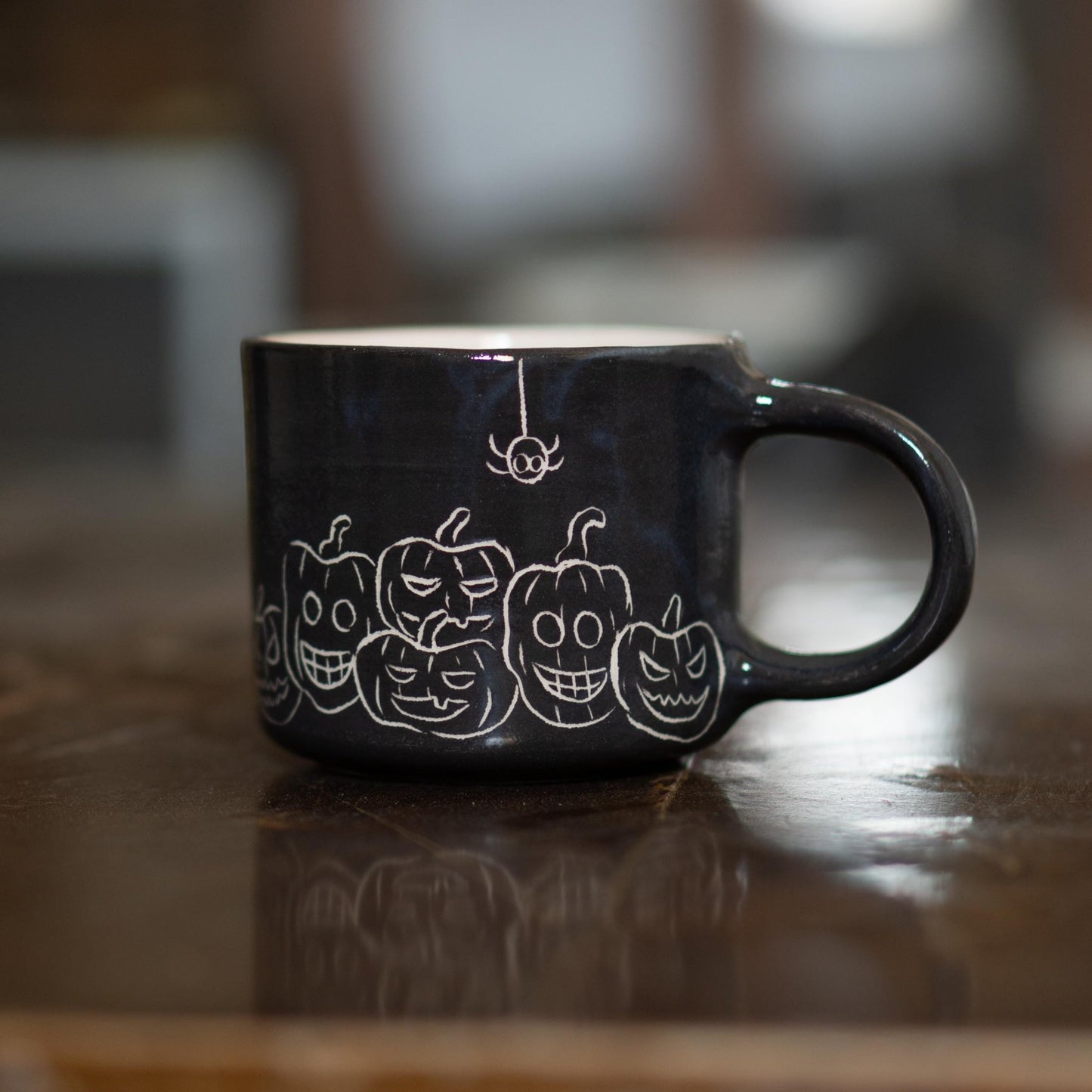 Spooky Halloween Ceramic Mug - Pumpkin Mug Witch Cat and Spider Mug, Black Artisan Coffee Cup
