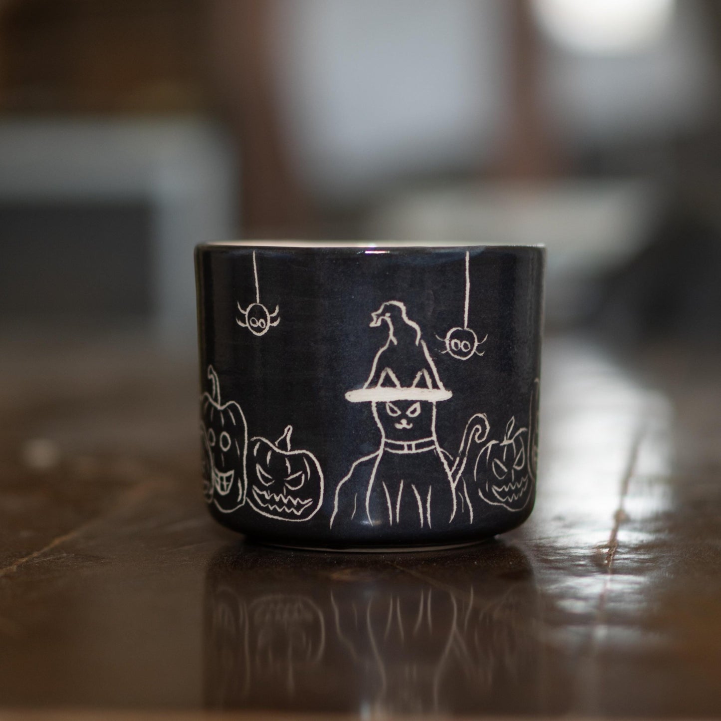 Spooky Halloween Ceramic Mug - Pumpkin Mug Witch Cat and Spider Mug, Black Artisan Coffee Cup