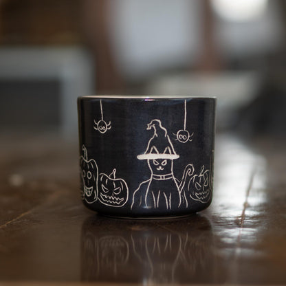 Spooky Halloween Ceramic Mug - Pumpkin Mug Witch Cat and Spider Mug, Black Artisan Coffee Cup