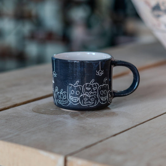 Spooky Halloween Ceramic Mug - Pumpkin Mug Witch Cat and Spider Mug, Black Artisan Coffee Cup
