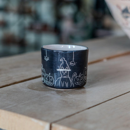 Spooky Halloween Ceramic Mug - Pumpkin Mug Witch Cat and Spider Mug, Black Artisan Coffee Cup