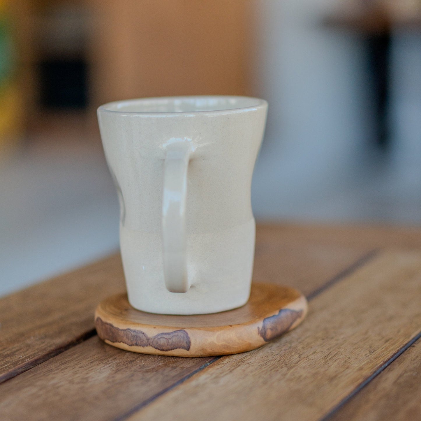 Stoneware Coffee Mug - Handmade Pottery Mug, Minimalist Handcrafted Ceramic Mug with Matching Wooden Coaster