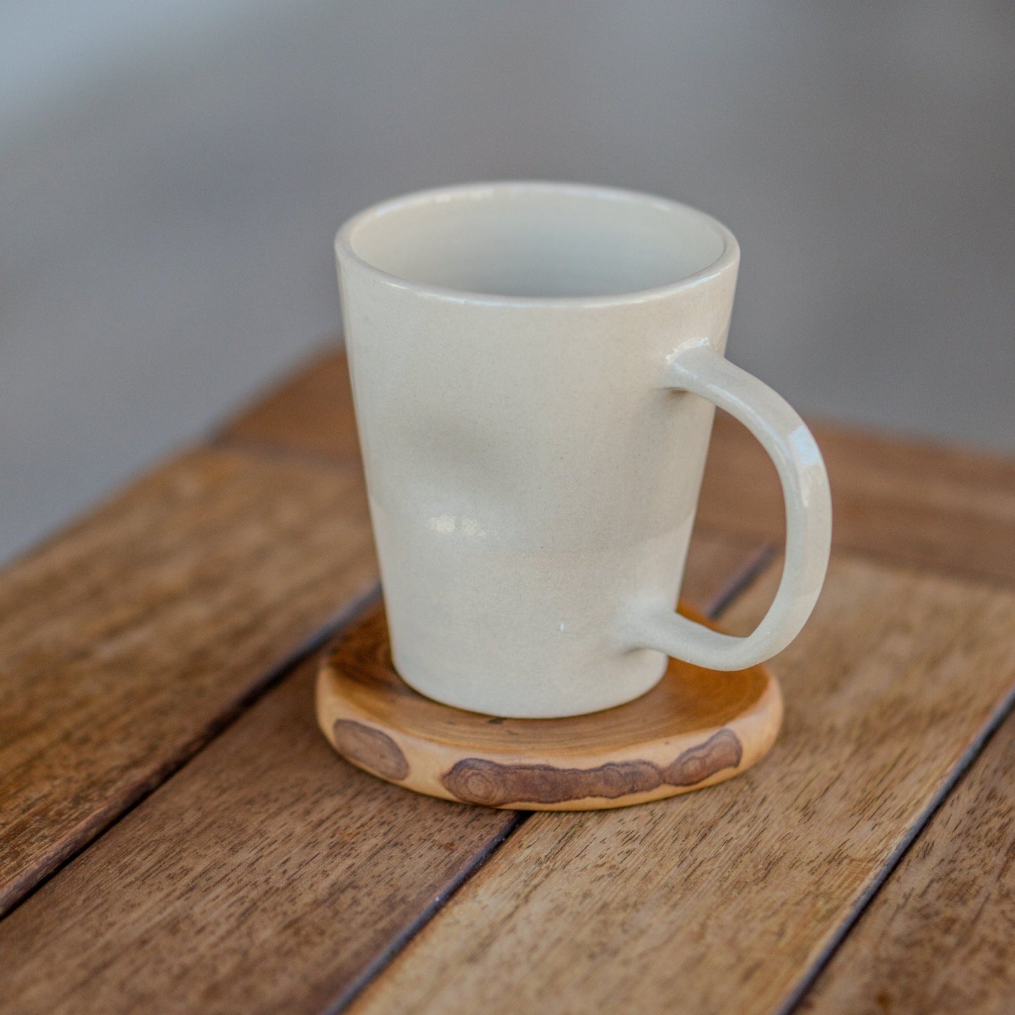 Stoneware Coffee Mug - Handmade Pottery Mug, Minimalist Handcrafted Ceramic Mug with Matching Wooden Coaster
