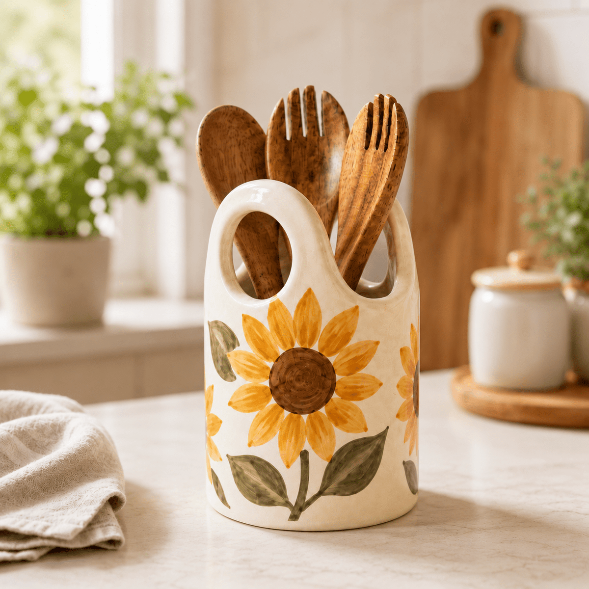 Sunflower Ceramic Utensil Holder | Handmade Kitchen Utensil Crook