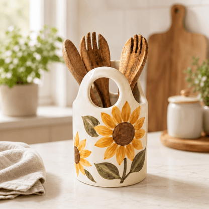Sunflower Ceramic Utensil Holder | Handmade Kitchen Utensil Crook