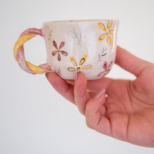 Vintage Mug - Flower Designed Coffee Mug - Ceramic Coffee Cup - Colorful Handled - Special Gift for Home/Minimalist Design