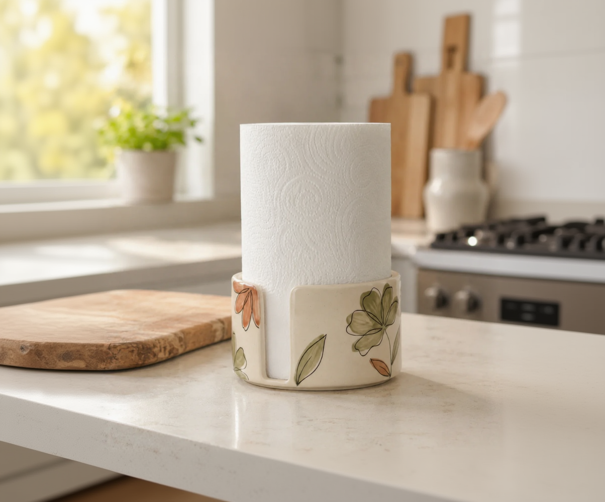 Hand painted floral ceramic paper towel holder
