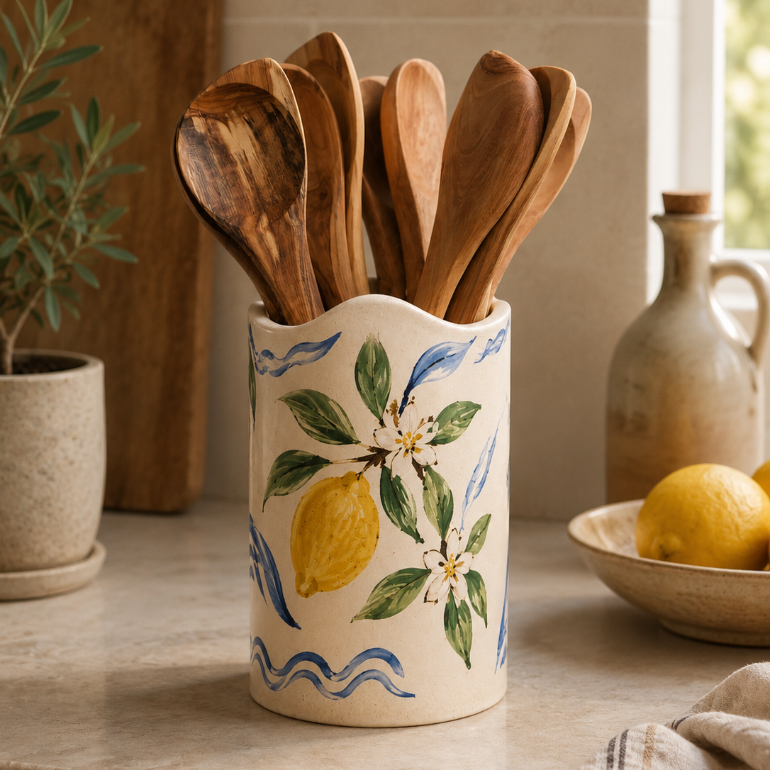 A cream ceramic kitchen utensil holder with a painted lemon and leaf design, filled with wooden spoons, set on a stone countertop in a kitchen with lemons and a vase in the background.