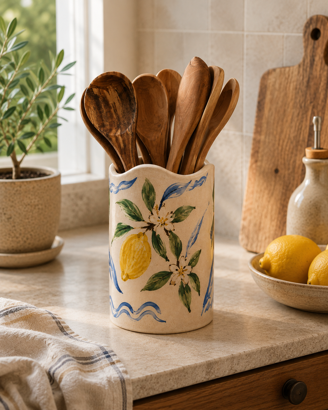 Hand Painted Lemon Ceramic Utensil Holder